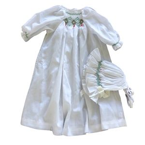 Snips n' Snails White Smocked Christmas Wreaths Dress Gown and Hat 0-3